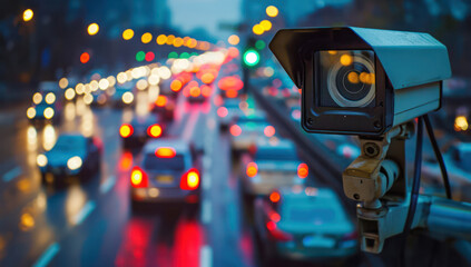 Cameras that monitor car traffic on the road at dusk - obrazy, fototapety, plakaty