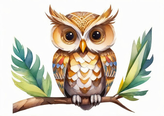 Fototapeta premium Close-up of an owl sitting on a branch, watercolor, isolate