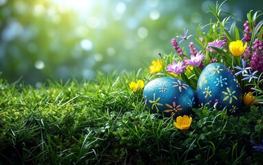easter eggs on green grass with copy space text area
