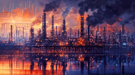 Oil refinery and petrochemical plant at night and reflections in the water. Industrial background.