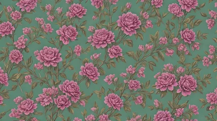Fotobehang Seamless pattern with pink roses on a green background. Cute watercolor floral seamless pattern. Floral illustration. Botanical design. Nature summer plants. Romantic background. © Jahan Mirovi