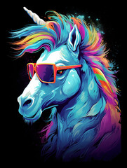 T-shirt design, white horse in rainbow glasses on a blue-black background, barbiecore style created with Generative Ai