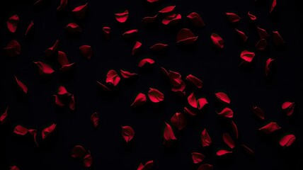 Red rose petals on black background. Valentines day concept. Black background with red rose petals. Rose Petals Falling.