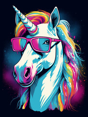 T-shirt design, white horse in rainbow glasses on a blue-black background, barbiecore style created with Generative Ai