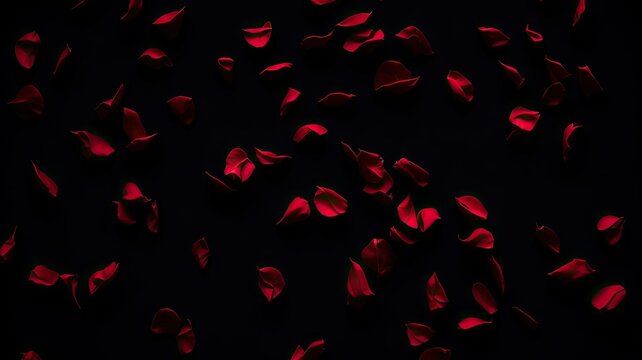 Red rose petals on black background. Valentines day concept. Black background with red rose petals. Rose Petals Falling.