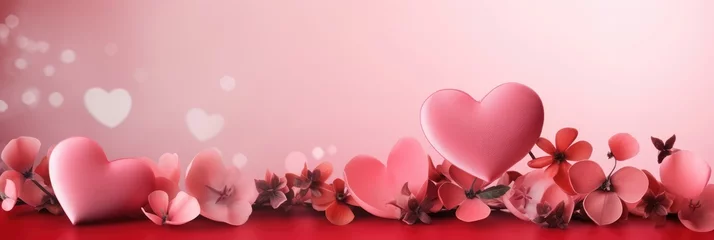 Fotobehang St. Valentines day, wedding banner with abstract illustrated red, pink flying hearts, flowers on pink background. Use for cute love sale banners, vouchers or greeting cards. Concept love, copy space. © Anzelika