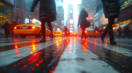 Vibrant city streetscape with reflective wet pavement and pedestrians