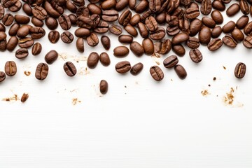Coffee beans scattered on a white isolated background for a banner.