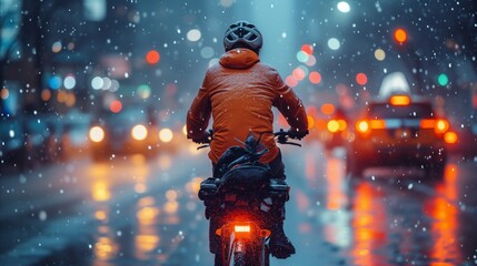 Cyclist on urban road in rainy weather with city lights at night