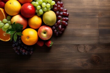 Set of fruits: Grapes, apples, lemons, oranges on a wooden background.