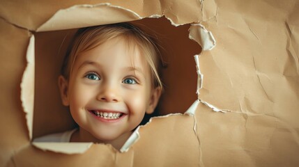 A child peering through a torn hole in a turquoise paper wall, curious and surprised.