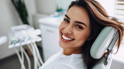 smiling brunette woman in dentist surgery having dental checkup