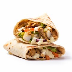 Shawarma in pita bread with cucumber, tomatoes, cabbage and sauce on a white isolated background. Turkish cuisine, oriental dishes, street food