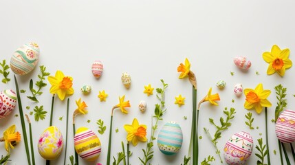 Decorative Easter eggs with daffodils on white background, spring holiday border design.