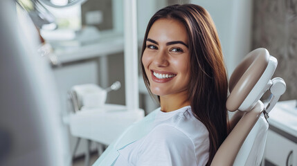 smiling brunette woman in dentist surgery having dental checkup