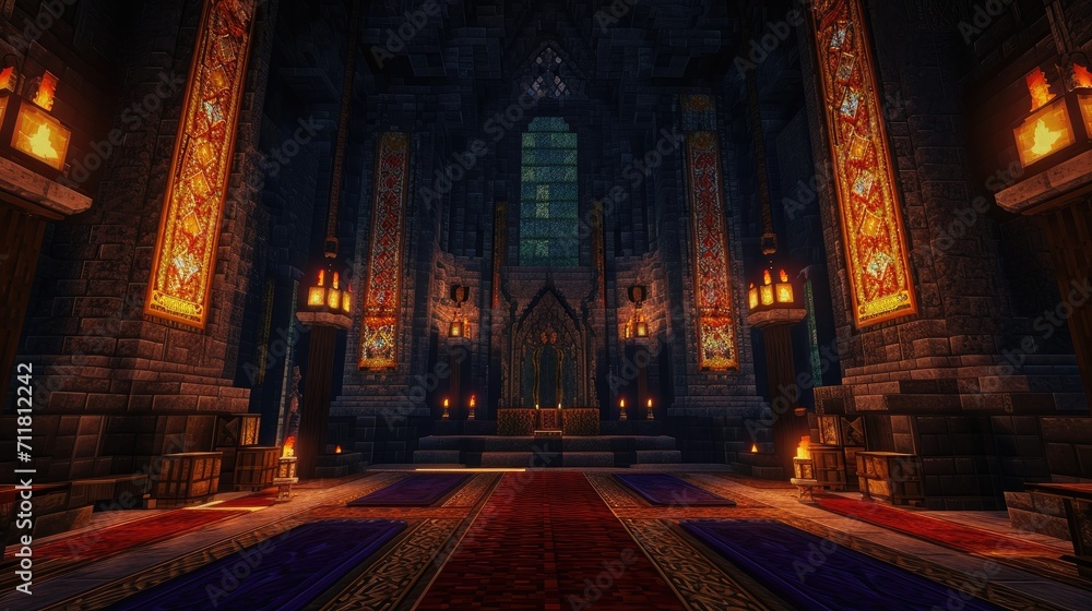 Wall mural a grand, gothic cathedral interior illuminated by torches and a large stained glass window, dark fan