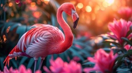 Elegant pink flamingo amongst vibrant tropical flowers at sunset
