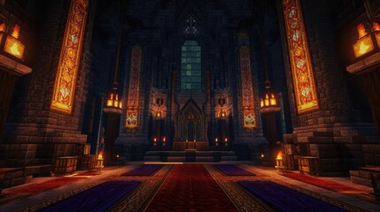 A grand, gothic cathedral interior illuminated by torches and a large stained glass window, dark fantasy setting - obrazy, fototapety, plakaty