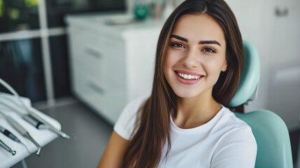 smiling brunette woman in dentist surgery having dental checkup - obrazy, fototapety, plakaty