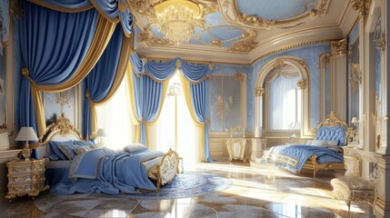 A royal bedroom with blue drapery and lavish gold decorations in a palace. - obrazy, fototapety, plakaty