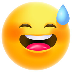 Sweat smile icon. Awkward emoji. Embarrassed laughing emoticon, yellow face with sweat drop.