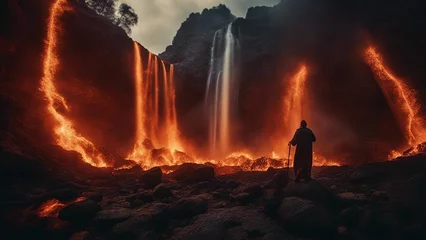 Abwaschbare Fototapete fire in the woods Horror Beusnita Waterfall of fire, with a landscape of burning trees and lava, with a demon   © Jared