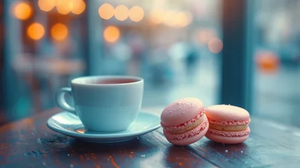 Abwaschbare Fototapete Macarons Cozy coffee break with pink macarons at a cafe table