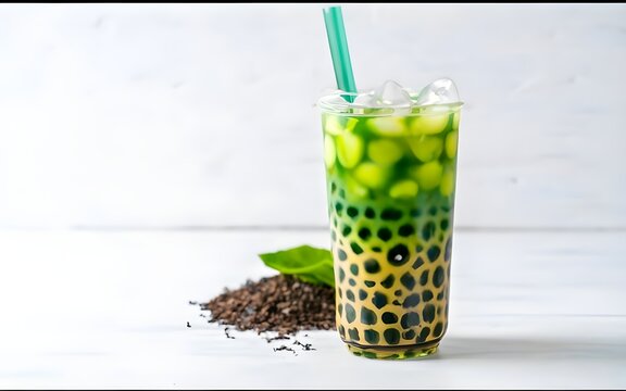 green bubble tea, isolated, white background.
