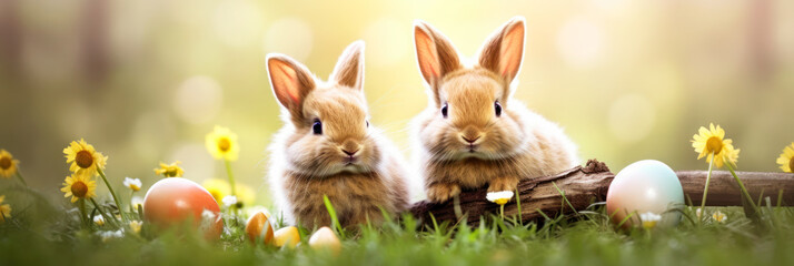 Two fluffy bunnies with Easter eggs against green meadow background with copy space.	