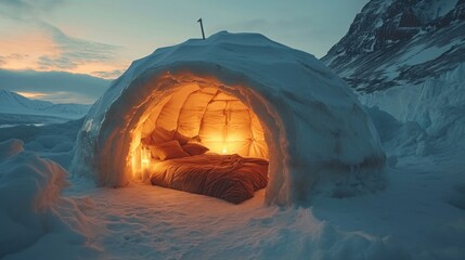 Polar Adventure, Lone Explorer Resting Inside a Lit Igloo During a Polar Expedition, Interior Shot, Warm Light Emitting from the Entrance, Cozy, Intimate Setting Amidst Extreme Cold