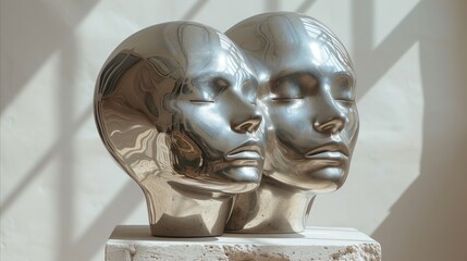 Abstract silver mannequin heads reflecting shadows and light