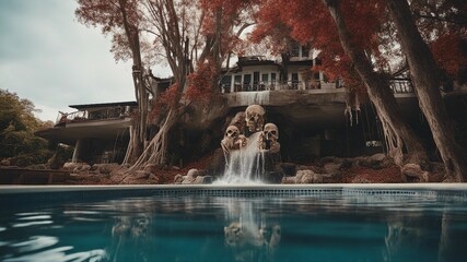 Obraz premium fountain in the park Horror swimming pool with a waterfall of skull, with a landscape of dead trees and skulls, 