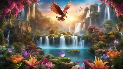 Zelfklevend Fotobehang waterfall in the forest Fantasy mural of a mythical landscape, with exotic flowers, multi colors Waterfall murial ,  © Jared