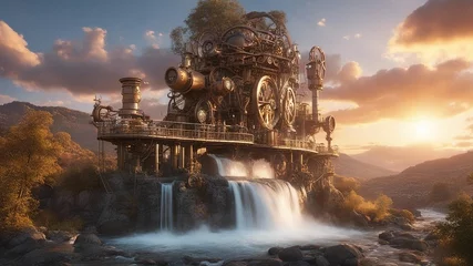 Rollo night in the mountains Steam punk  waterfall of steam, with a landscape of metal trees and gears,   © Jared