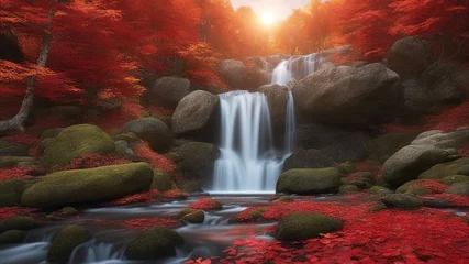 Foto op Canvas waterfall in the forest Waterfall. Colorful landscape with beautiful waterfall at mountain river in the forest with red foliage  © Jared