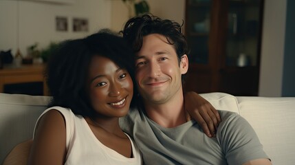 warmth of home with a happy international couple. Frame them on a sofa, hugging and smiling, looking directly at the camera.