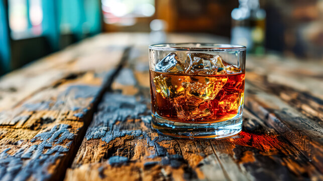In the tranquil evening near a pub, a glass of whiskey stands elegantly on a wooden table, inviting you to savor the moment with sophistication and warmth.