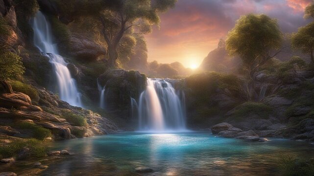 waterfall in the forest ethereal fantasy concept art of masterpiece, macro photo of   Colorful landscape  