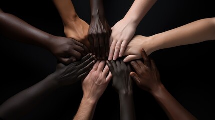 Hands of different ethnic groups arranged in a circle
