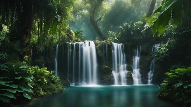 waterfall in the forest ethereal fantasy concept art of masterpiece,  macro photo of   waterfall in tropical 
