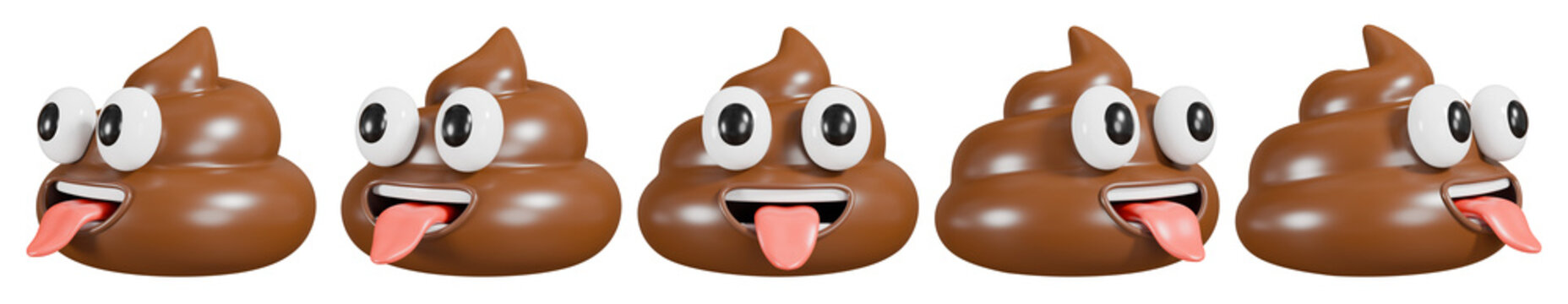 Happy poop emoji showing tongue icon set. 3D rendering.