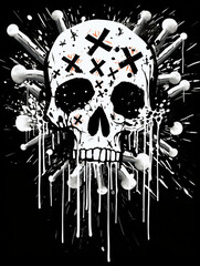 T-shirt design, black and white painting showing skulls and crossbones against a white background created with Generative Ai