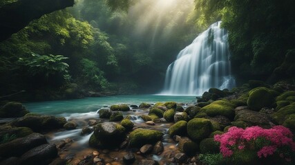 waterfall in the jungle Fantasy  waterfall of healing, with a landscape of sacred trees and flowers, peaceful waterfall  