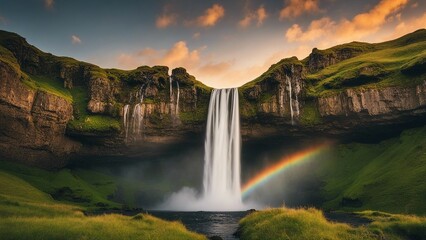 waterfall in rainbow Seljalandfoss waterfall at sunset 