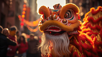 A Chinese lion dance performer in a vibrant costume celebrates amidst a crowd, with festive lights creating a warm atmosphere.