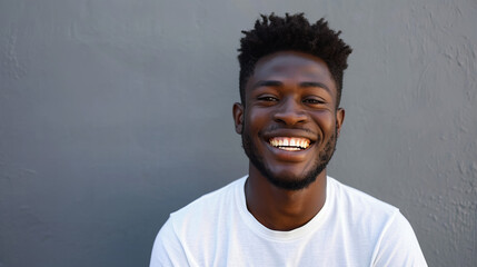 portrait of a smiling, handsome, black man in white T-shirt, isolated on grey background