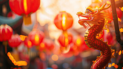 Chinese red paper lanterns and dragon statue in chinese new year festival - obrazy, fototapety, plakaty