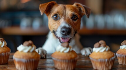 Adorable dog surrounded by cupcakes on table, perfect for pet bakery