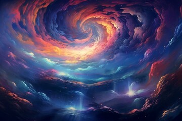 Illustration: twisted spiral of colorful clouds, futuristic patterns, heavy clouds, star, spaceship, space. Generative AI