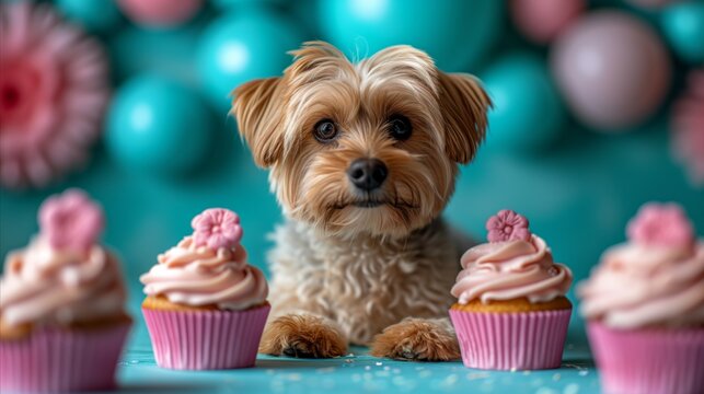 Adorable dog with cupcakes celebration party concept